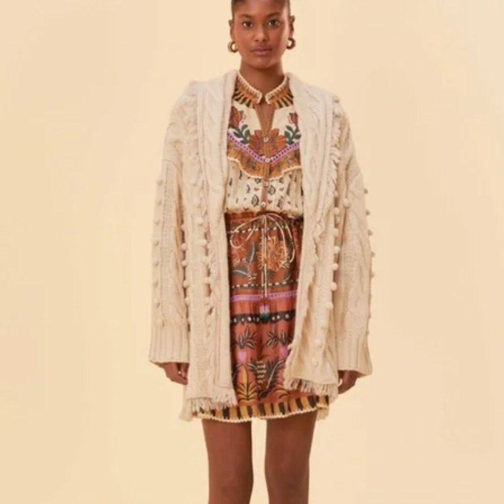 Farm Rio Khaki Braided Knit Cardigan